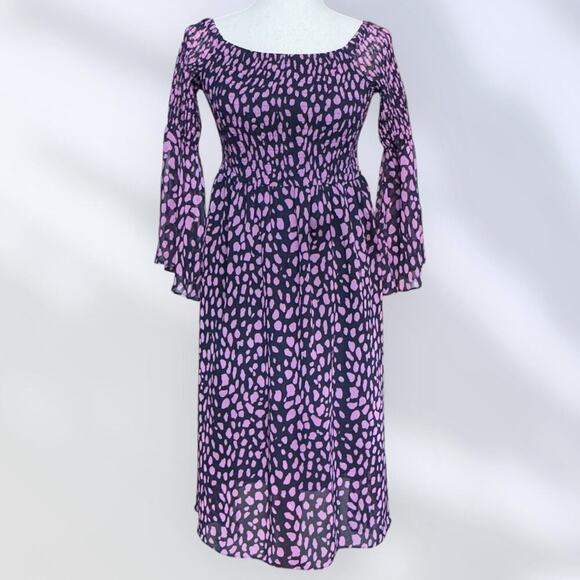 Sam Edelman Midi Dress | Navy Lilac Print | Off Shoulder | Bell Sleeve | Size 6 - Picture 1 of 10